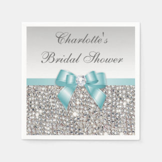 Chic Faux Teal Bow Silver Sequins Bridal Shower Napkin