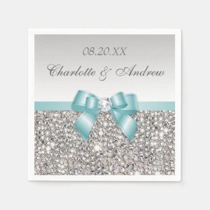 Chic Faux Teal Bow Silver Sequins Wedding Napkin