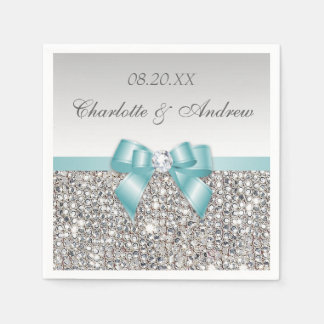 Chic Faux Teal Bow Silver Sequins Wedding Napkin