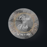 Chic Feathers Floral Wreath Wedding   3 Cm Round Badge<br><div class="desc">Chic silver feathers on a shimmery silver backdrop combined with a gold elegant floral wreath where you can customise it for your event  creating sleek romantic wedding party favour vibes. Part of the Stylish Trendy Wedding Gifts Collection.</div>