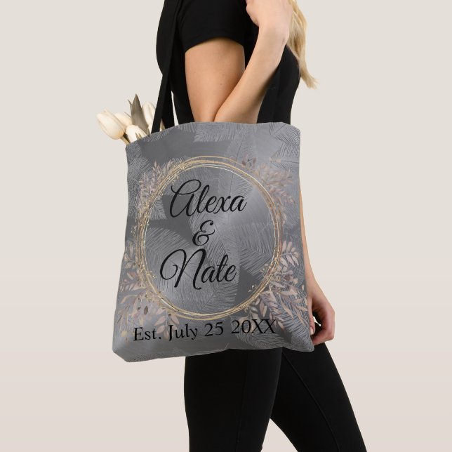 Chic Feathers Floral Wreath Wedding Tote Bag (Close Up)