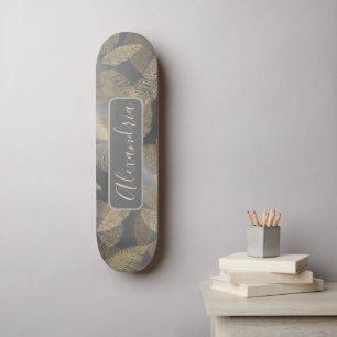 Chic Feathers on Sleek Silver Personalised Skatebo Skateboard