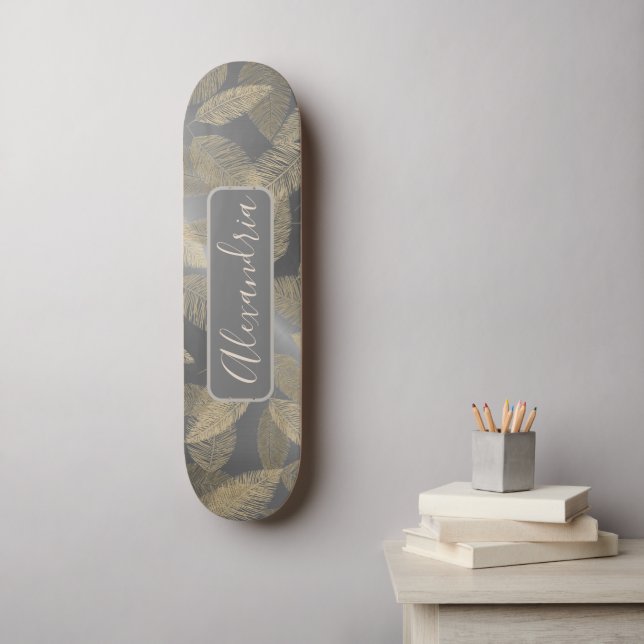 Chic Feathers on Sleek Silver Personalised Skatebo Skateboard (Wall Art)