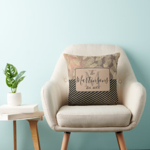 Chic Feathers with Gold Stripes Monogram Family Cushion