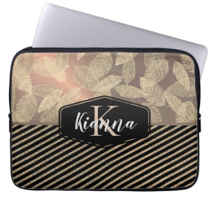 Chic Feathers with Gold Stripes Monogram         Laptop Sleeve
