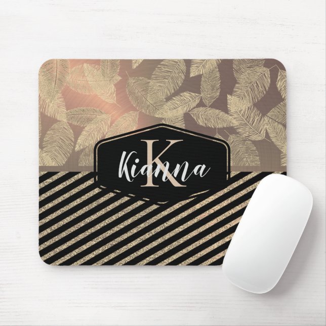 Chic Feathers with Gold Stripes Monogram         Mouse Pad (With Mouse)