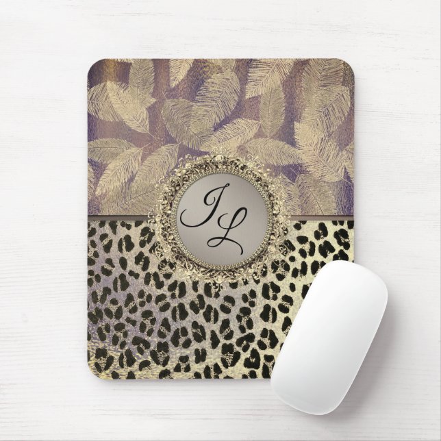 Chic Feathers with Leopard Print Monogram        Mouse Pad (With Mouse)