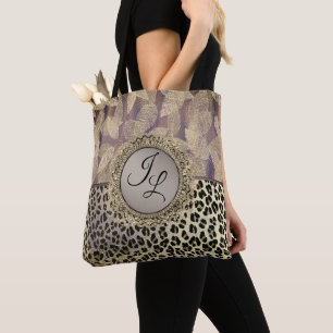 Chic Feathers with Leopard Print Monogram Tote Bag