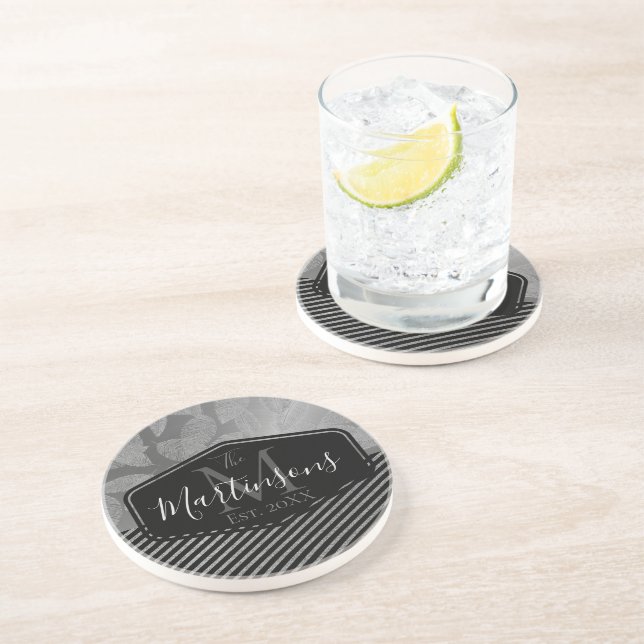 Chic Feathers with Silver Stripes Monogram Family Coaster (Side)