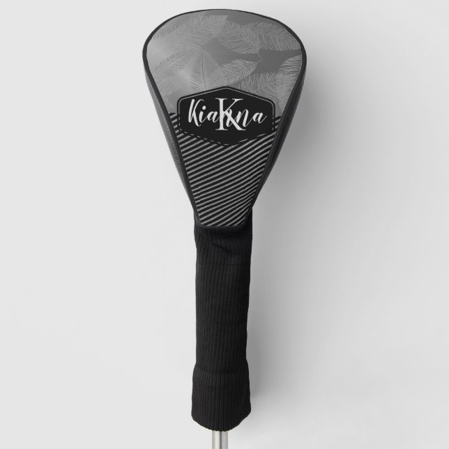 Chic Feathers with Silver Stripes Monogram    Golf Head Cover (Front)