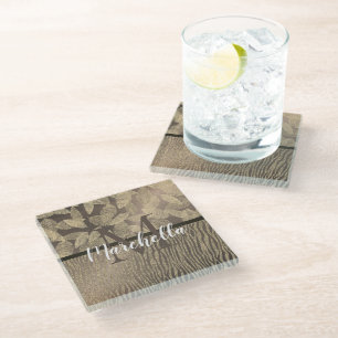 Chic Feathers with Zebra Print Monogram  Glass Coaster