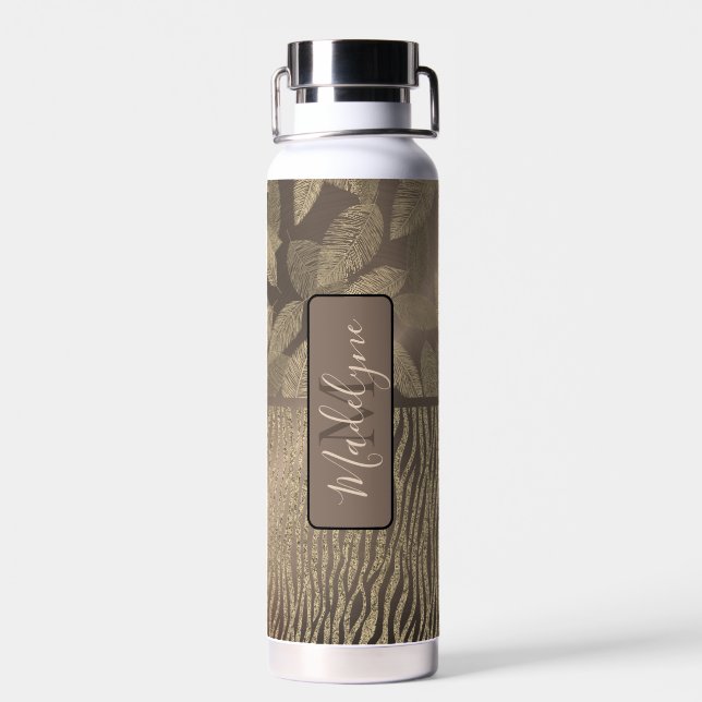 Chic Feathers with Zebra Print Monogram Water  Water Bottle (Back)