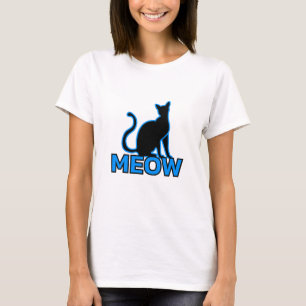 Chic Feline Charm - Blue ‘MEOW’ Cat Silhouette T-Shirt