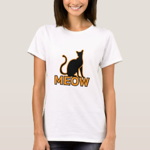 Chic Feline Charm - Orange ‘MEOW’ Cat Silhouette T-Shirt