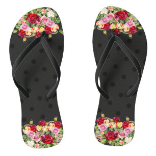Chic Feminine Black Polka Dots and Roses Jandals