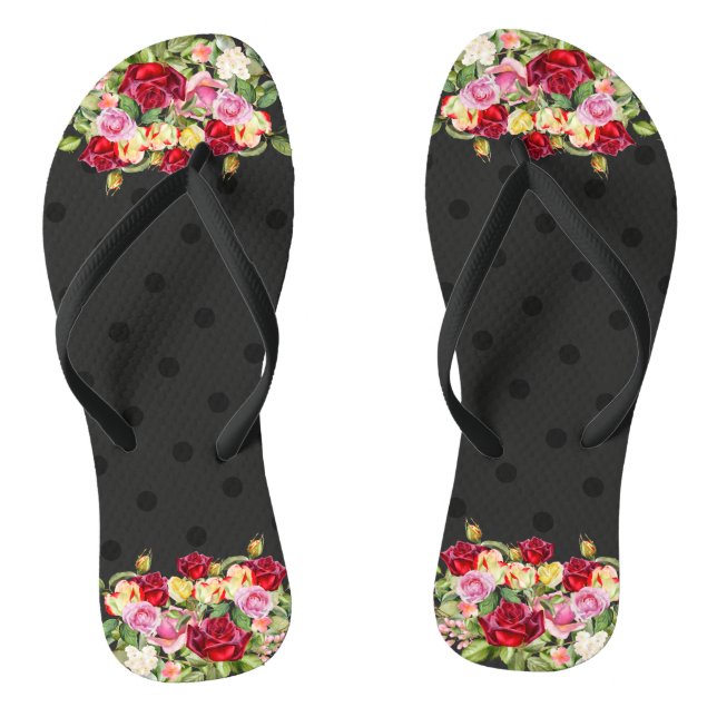 Chic Feminine Black Polka Dots and Roses  Jandals (Footbed)