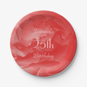 Chic Feminine Coral Pink Rose, 25th Birthday Paper Plate