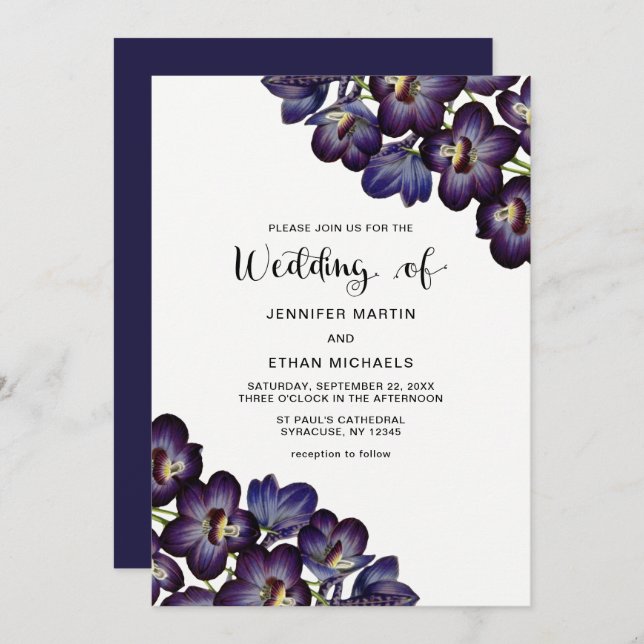 Chic Feminine Dark Purple Floral Wedding Invitation (Front/Back)