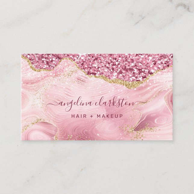 Chic Feminine Gold Pink Glitter Marble Agate Business Card (Front)