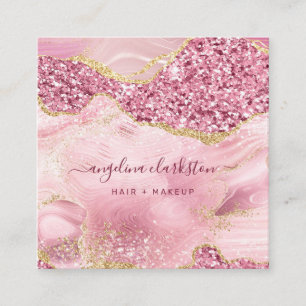 Chic Feminine Gold Pink Glitter Marble Agate Square Business Card