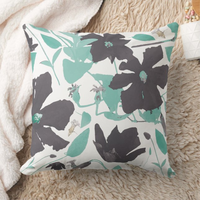 Chic Feminine Grey Teal Floral Pattern Cushion (Blanket)