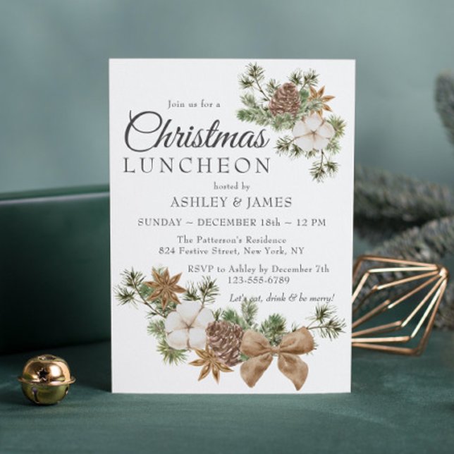 Chic Festive Cotton Pine Christmas Luncheon Party Invitation (Creator Uploaded)