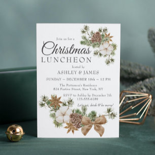 Chic Festive Cotton Pine Holiday Luncheon Party Invitation