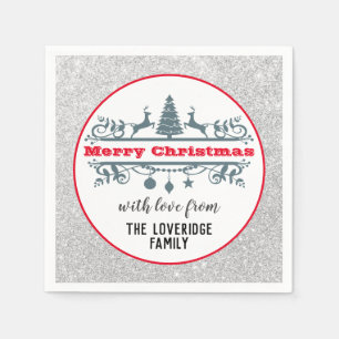 Chic & Festive Red Merry Christmas Silver Glitter Napkin