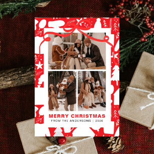 Chic Festive Red Ribbon 3 Photo Family Christmas Holiday Card