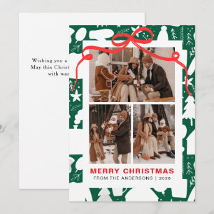 Chic Festive Red Ribbon 3 Photo Family Christmas Holiday Card