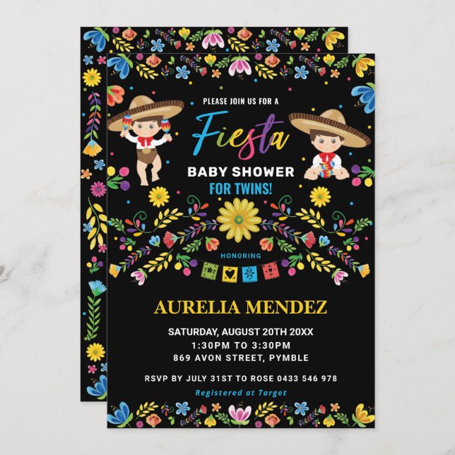 Chic Fiesta Mexican Twin Baby Boys Twins Shower  Invitation (Front/Back)