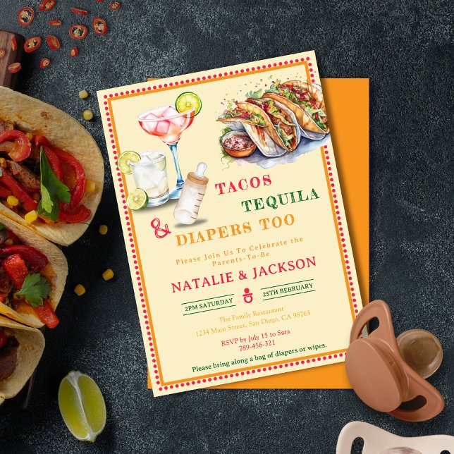Chic Fiesta Watercolor Tacos Tequila Baby Shower Invitation (Chic Fiesta Watercolor Tacos Tequila Baby Shower Invitation)