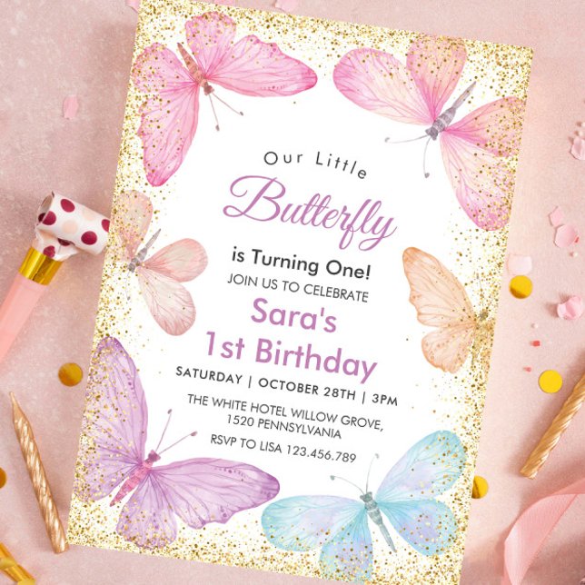 Chic First 1st Birthday Glitter Colourful Butterfl Invitation (Creator Uploaded)