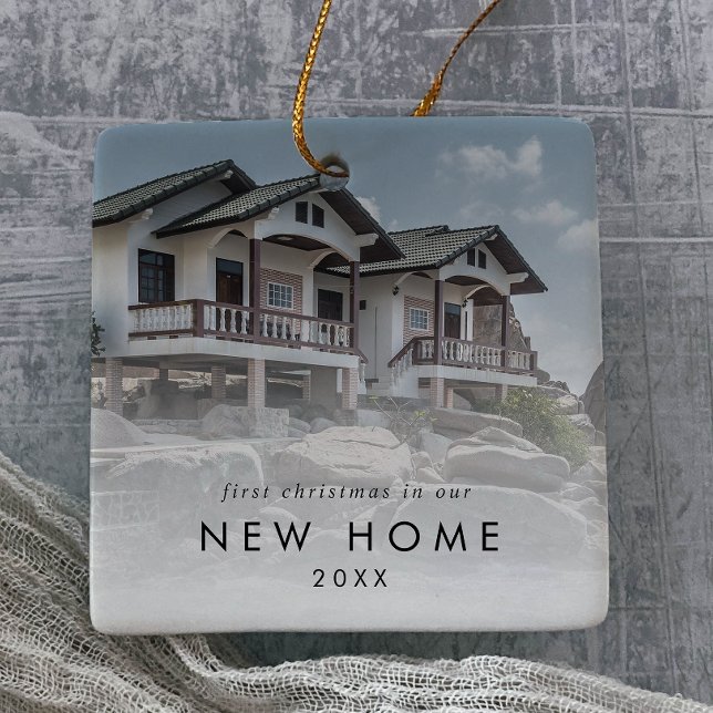 Chic First Christmas In Our New Home Photo Ceramic Ornament (Creator Uploaded)