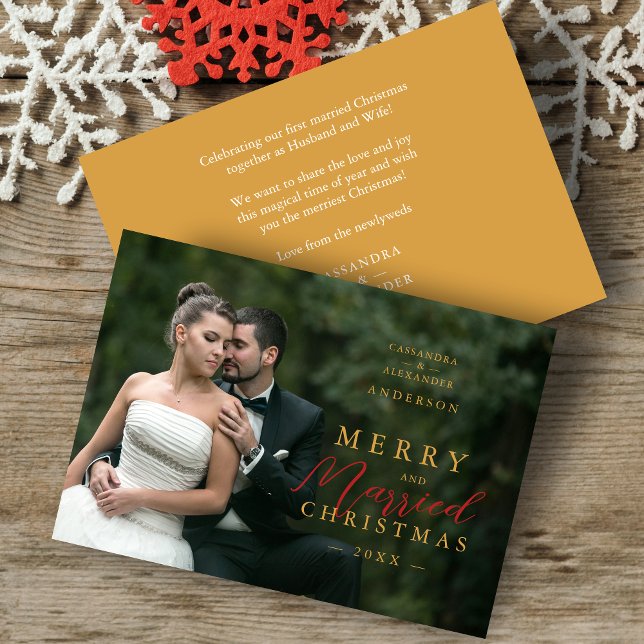 Chic First Christmas Married In Red & Gold Photo Holiday Card (Chic First Christmas Married In Red & Faux Gold Photo Holiday Card with Envelope.)