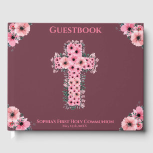 Chic First Holy Communion Pink Flower Cross Girl Guest Book