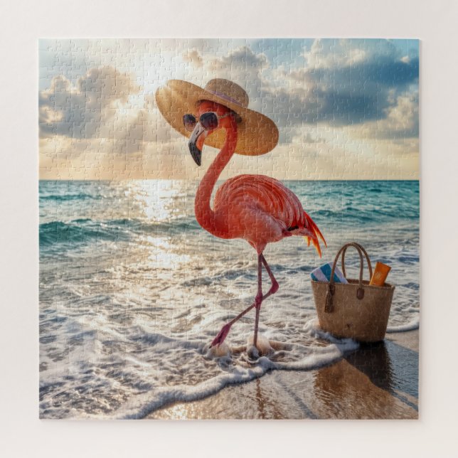 Chic Flamingo with Sun Hat and Sunglasses Jigsaw Puzzle (Vertical)