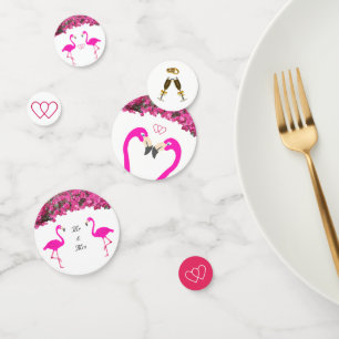 Chic flamingos, hearts & tropical flowers wedding confetti