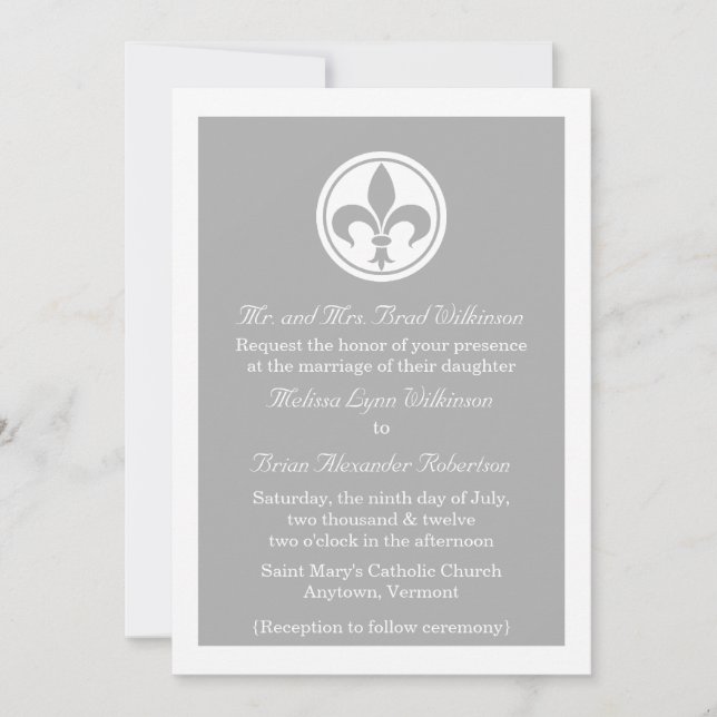 Chic Fleur De Lis Wedding Invite, Grey Invitation (Front)