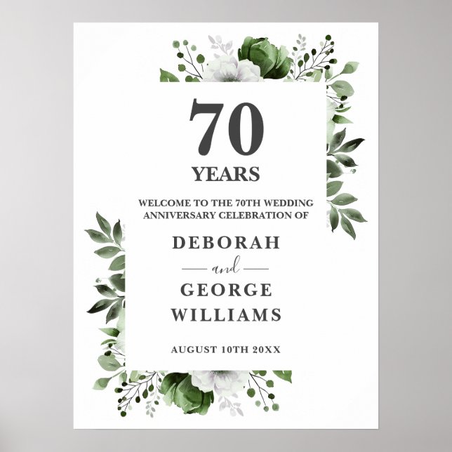 Chic Floral 70th Wedding Anniversary Welcome Sign (Front)