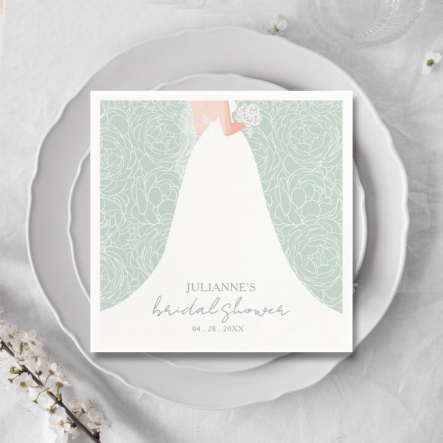 Chic Floral and Bride on Pale Green Bridal Shower Napkin (Elegant bride in her gown on a background of sketched roses on pale green bridal shower napkins)
