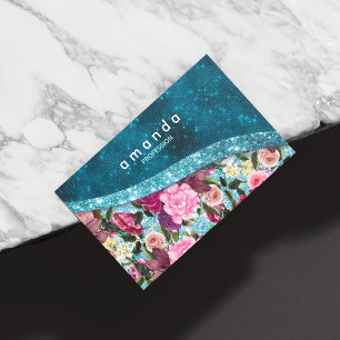 Chic floral aqua blue burgundy glitter monogram magnetic business card