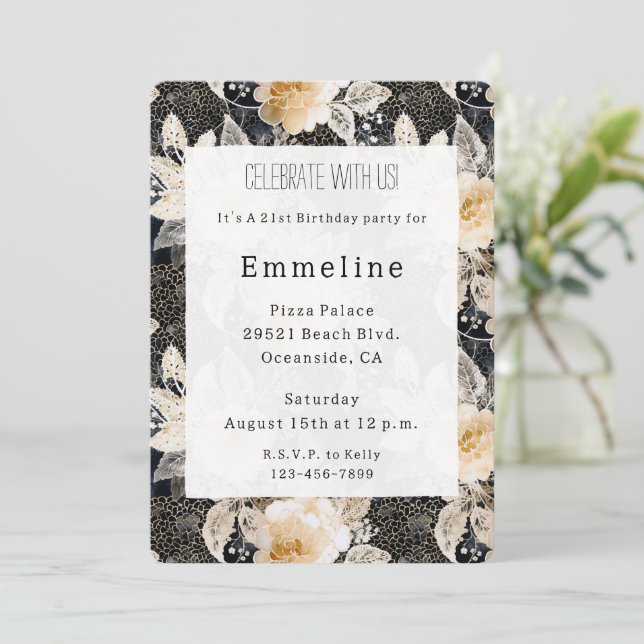 Chic Floral Black Cream Leopard Animal Birthday Invitation (Standing Front)