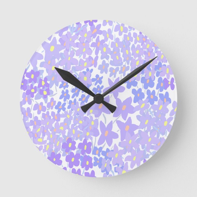 Chic Floral Blue and Purple Pattern  Round Clock (Front)