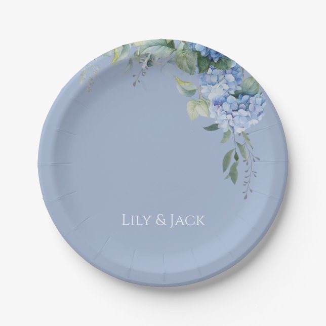 Chic Floral Blue Hydrangea Event Wedding  Paper Plate (Front)