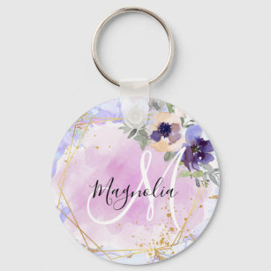 Chic Floral Blue Pink Gold Rainbow Marble Monogram Key Ring