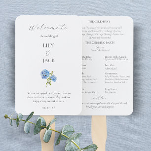 Chic Floral Blue White Hydrangea Wedding Program Hand Fan