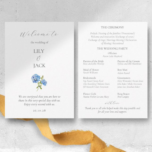 Chic Floral Blue White Hydrangea Wedding Program  Programme (Creator Uploaded)