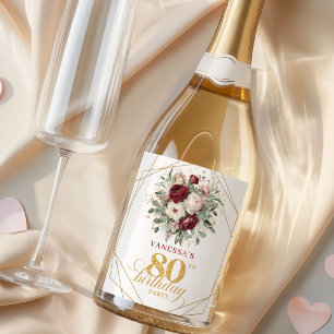 Chic Floral Blush Burgundy 80th Birthday Champagne Sparkling Wine Label