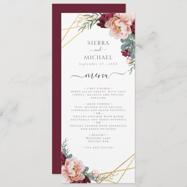 Chic Floral Blush Burgundy Gold Wedding Reception Menu (Front/Back)